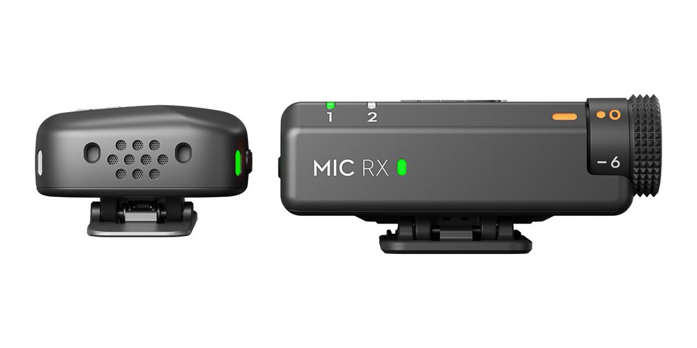 DJI Mic Mini kit, one clip-on wireless transmitter next to the Mic RX receiver, on a white background.
