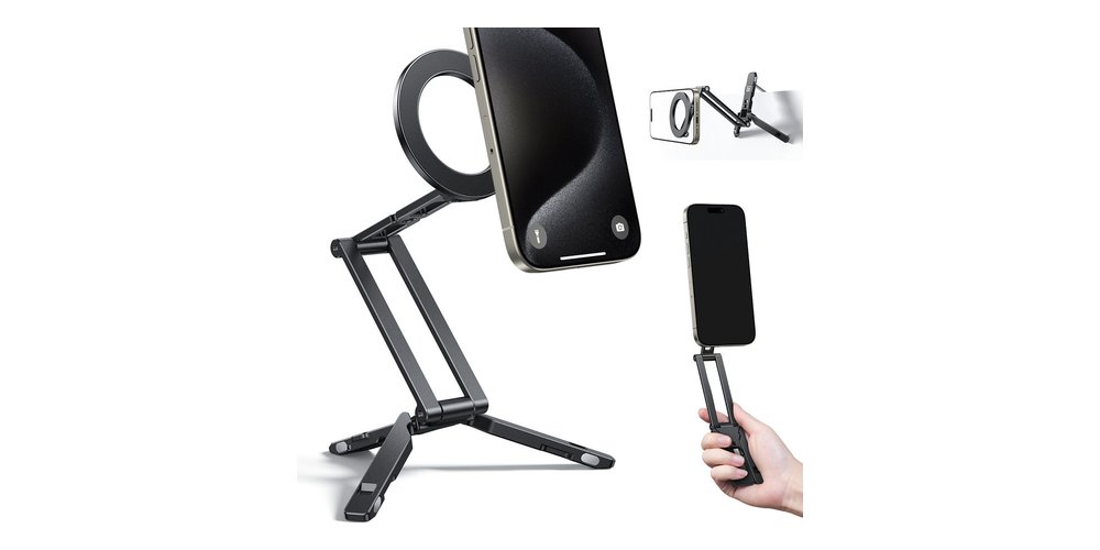 Lamicall ultra-compact MagSafe tripod stand in black, holding a phone, folded flat and used as a handheld grip.