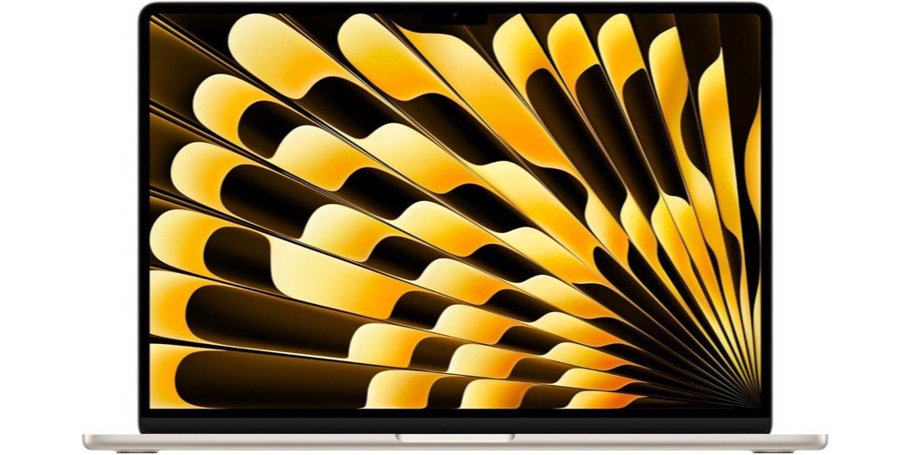 Apple MacBook Air 15-inch in Starlight, open and facing forward, with a gold and black abstract wallpaper on the screen.