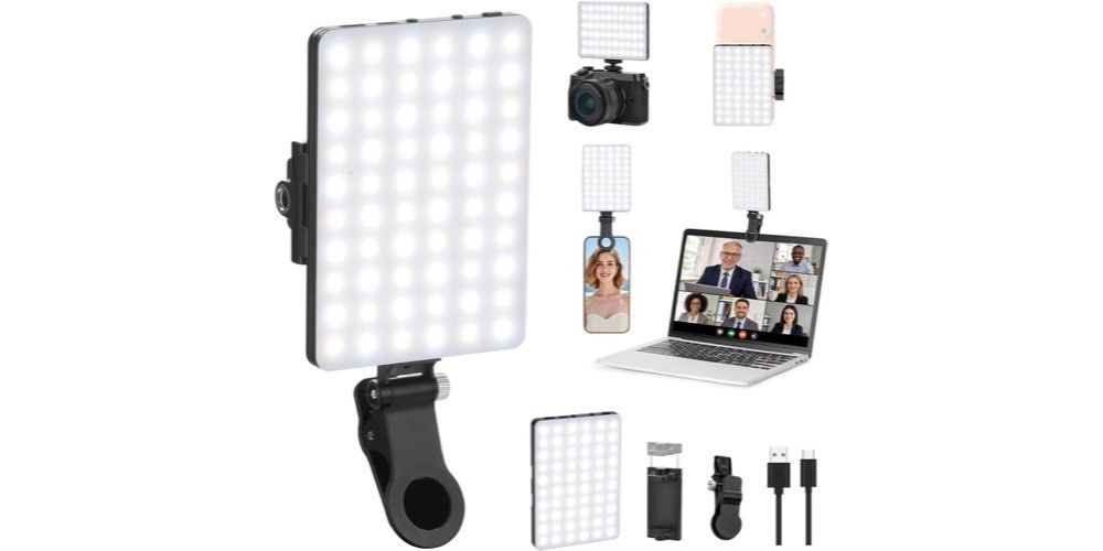 Newmowa 60 LED clip-on fill light, a small rechargeable panel with a clamp, shown mounted on a phone, a camera and a laptop.
