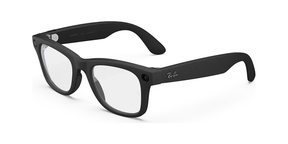 Ray-Ban Meta Wayfarer smart glasses, Gen 2, in matte black with clear lenses, shown at an angle on a white background.