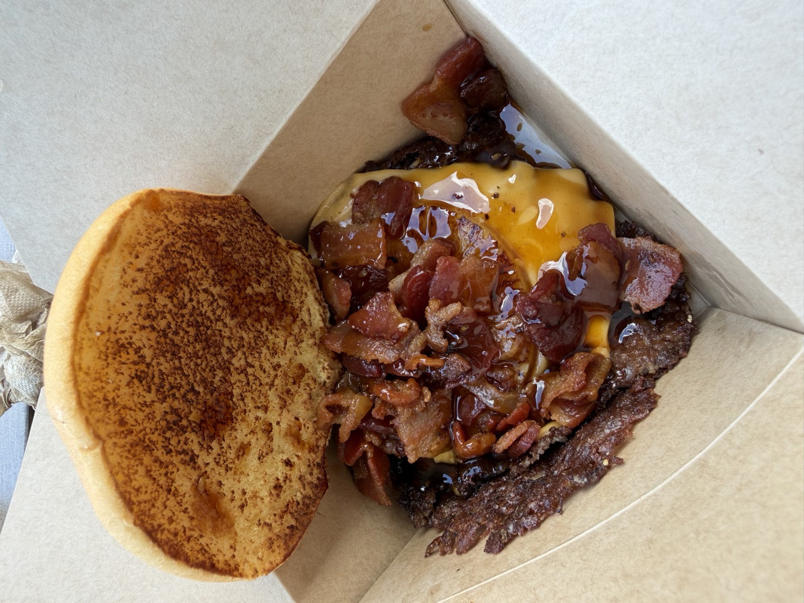 Sam's order: the Island Boi Burger with bacon crumble, American cheese and teriyaki glaze