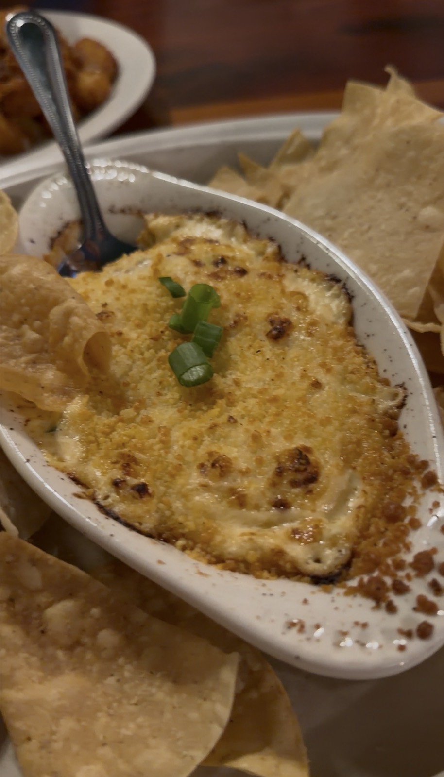 Sam's order: baked Blue Crab Dip topped with scallions, served with chips, Bayou Bill's Crab House