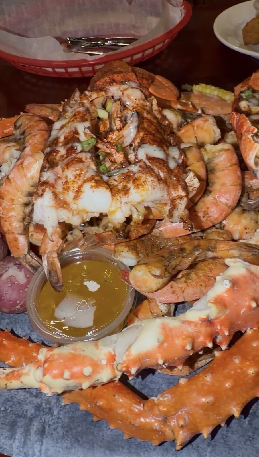 Sam's order: the Ultimate Feast for 2 with king crab, snow crab, shrimp and lobster tails, Bayou Bill's Crab House