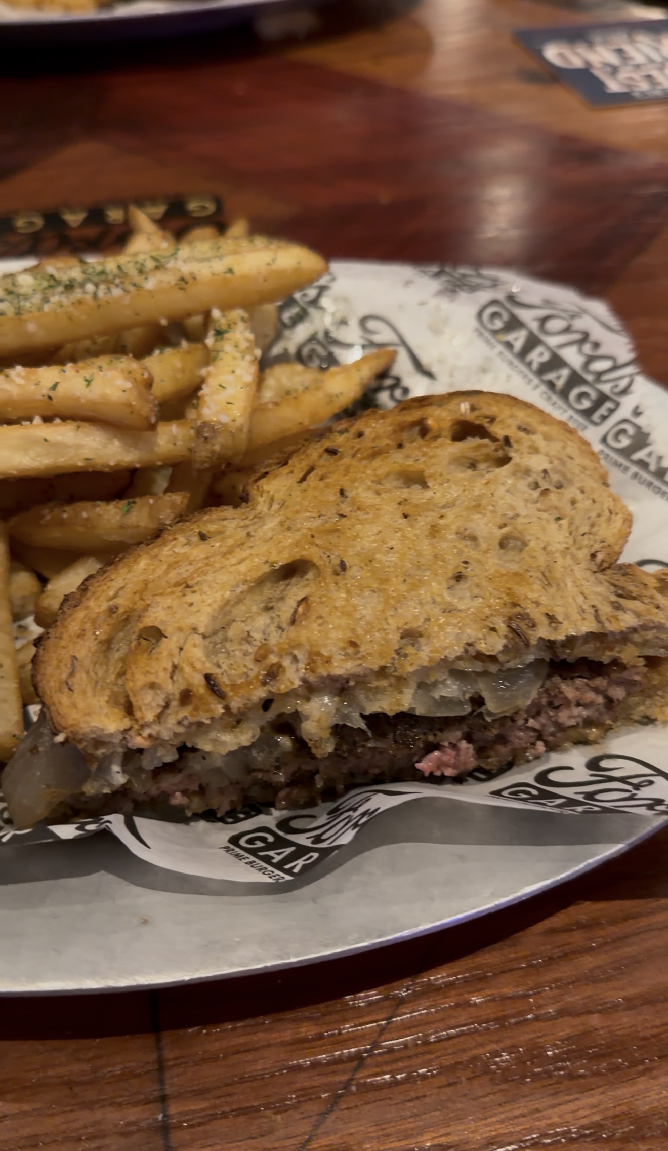 Sam's order: the Patty Melt on toasted rye with caramelized onions and fries, Ford's Garage