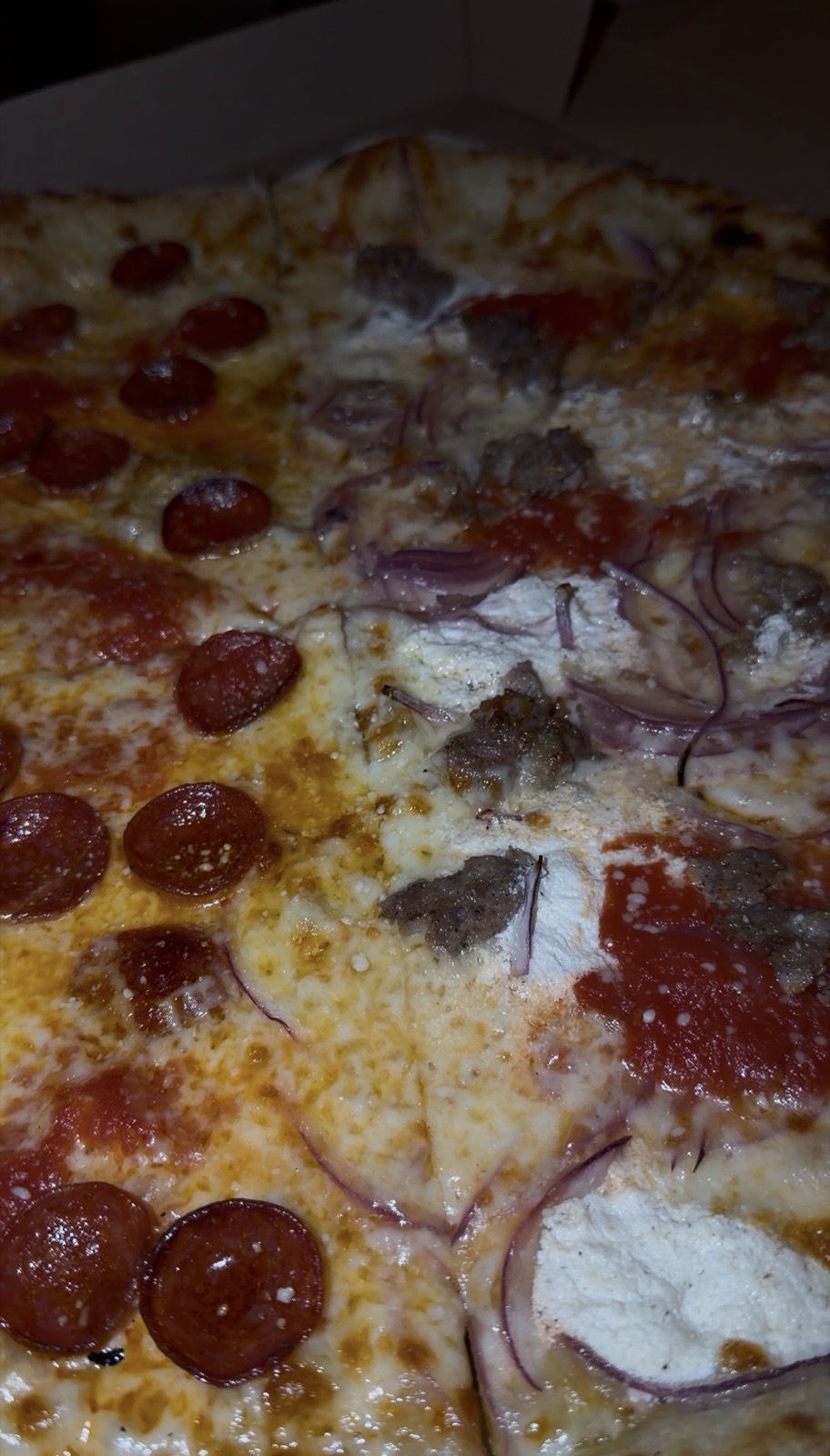 Sam's order: an 18-inch pizza, half pepperoni and half sausage, ricotta and red onion, Frankies Pizzeria