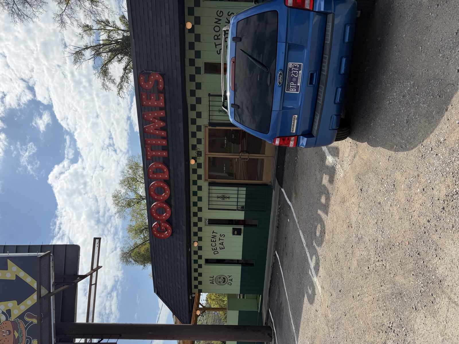 GoodTimes in Wedgewood-Houston, a green building with GOODTIMES in red letters and a free parking lot out front