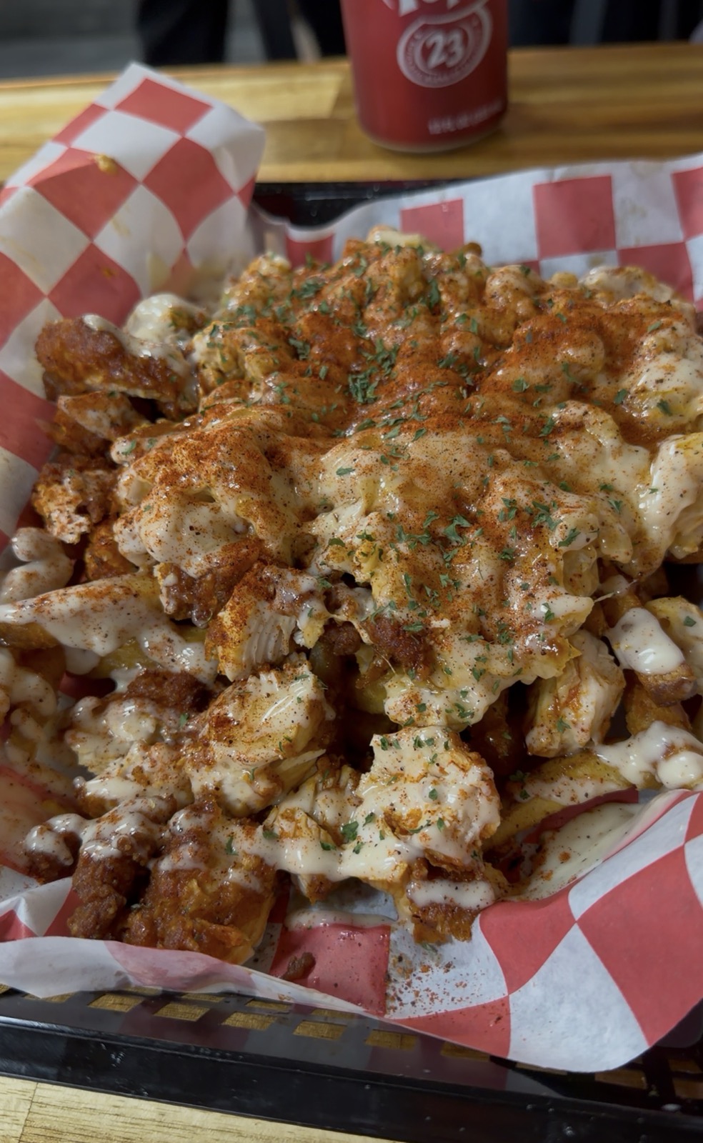Close-up of the #4 Halal Snack Pack, medium heat, Halal Birdz