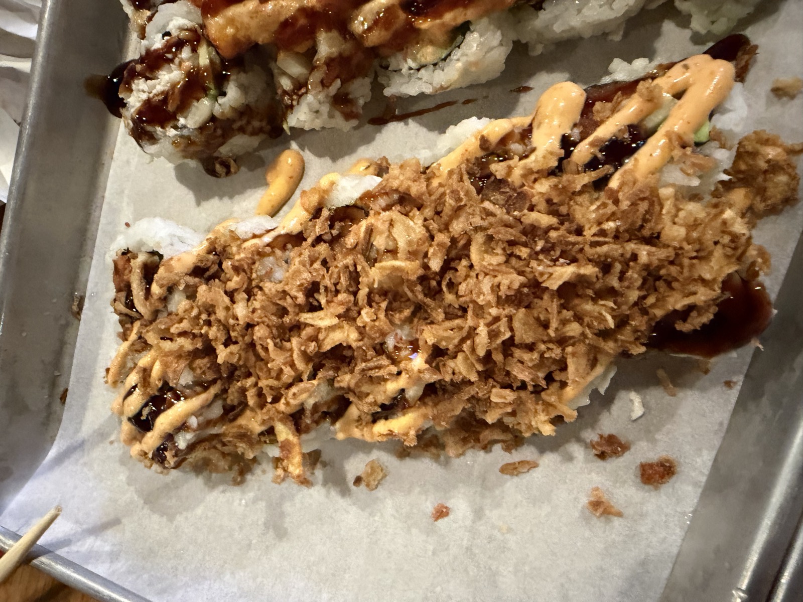 Sam's order: the Crunchy Spicy Tuna Roll under a heavy layer of fried crunch, spicy mayo and eel sauce