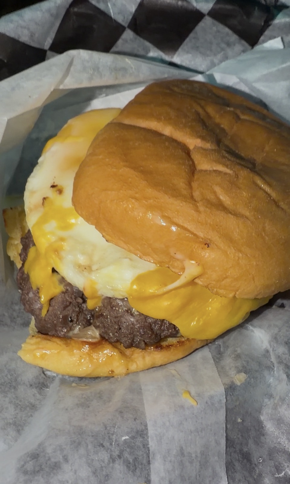 One of Sam's burgers, topped with a fried egg, Jack Brown's