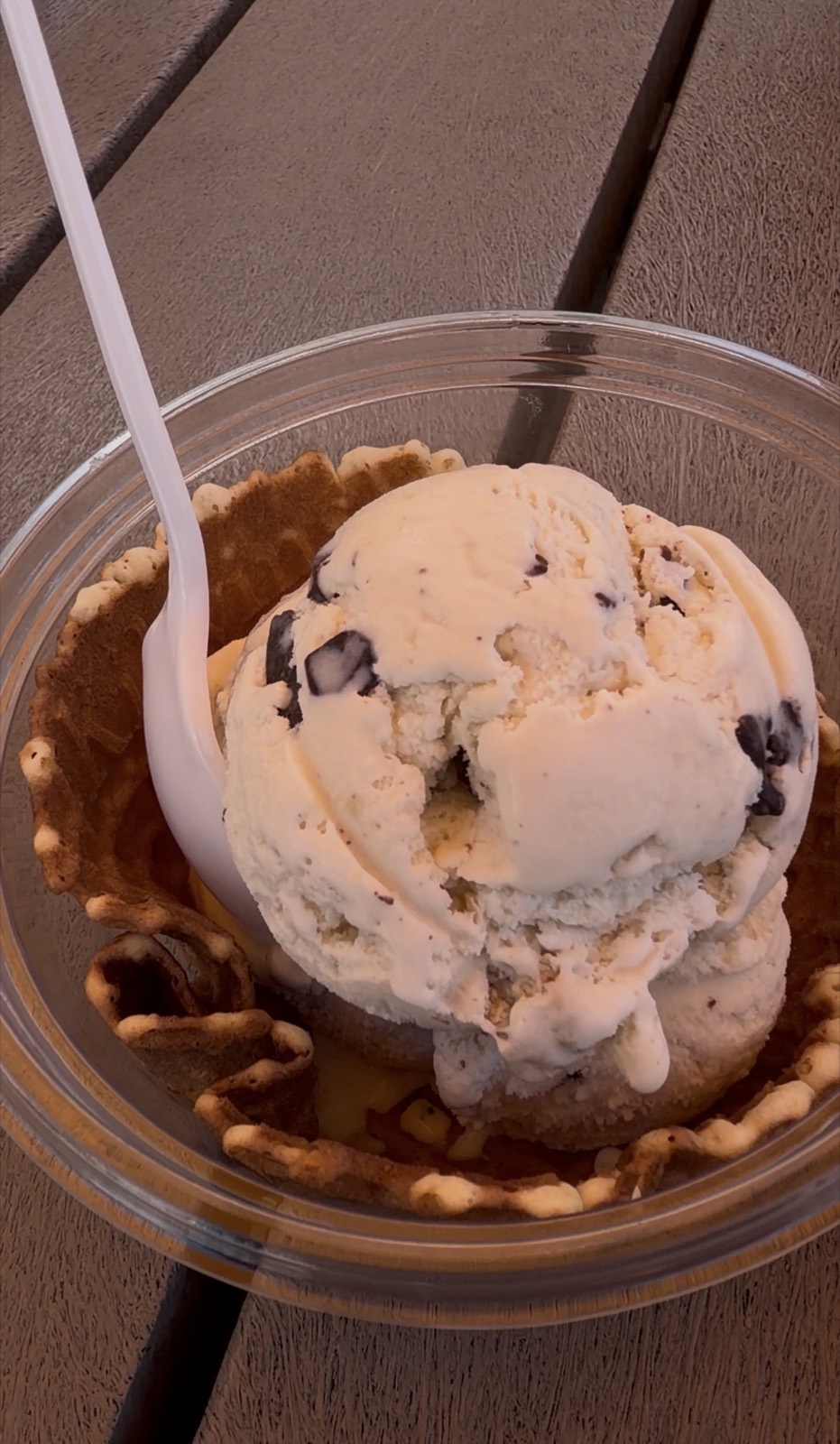 Sam's order: Chocolate Chip Cookie Dough ice cream in a waffle bowl, Kilwins