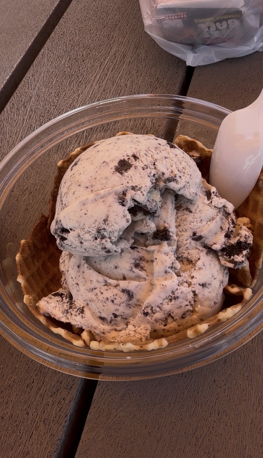 Sam's order: Cookies & Cream ice cream in a waffle bowl, Kilwins
