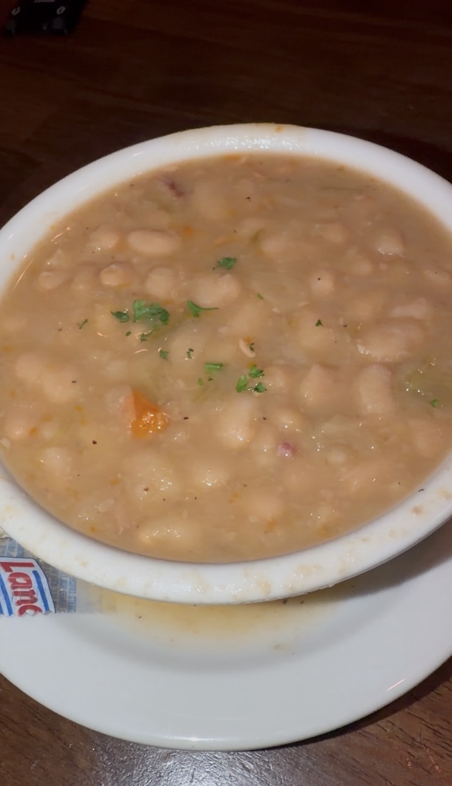 Sam's order: a bowl of the 18 cent Senate Bean Soup with carrots and parsley, McGuire's Irish Pub