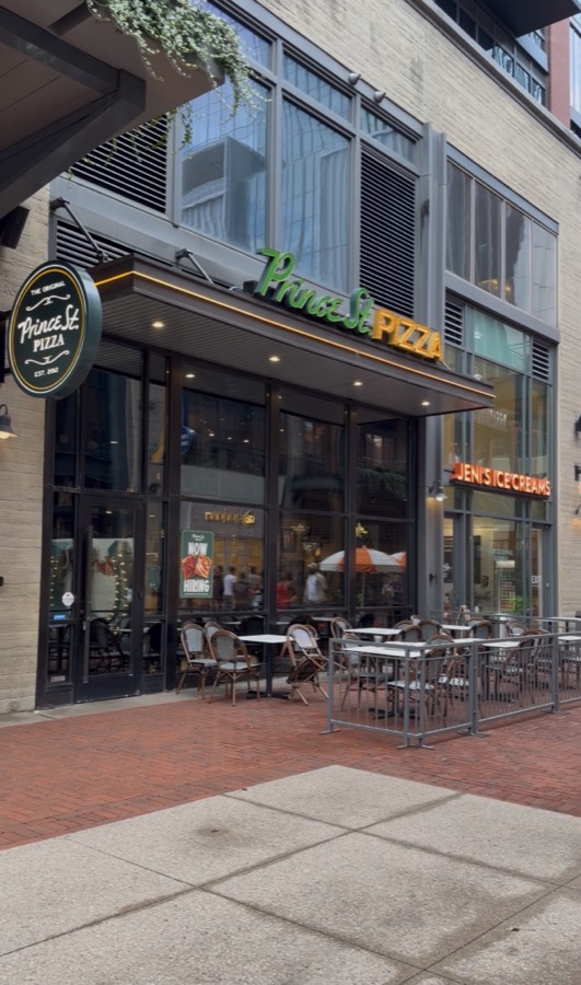 Prince St. Pizza storefront and patio seating, Fifth + Broadway, Nashville