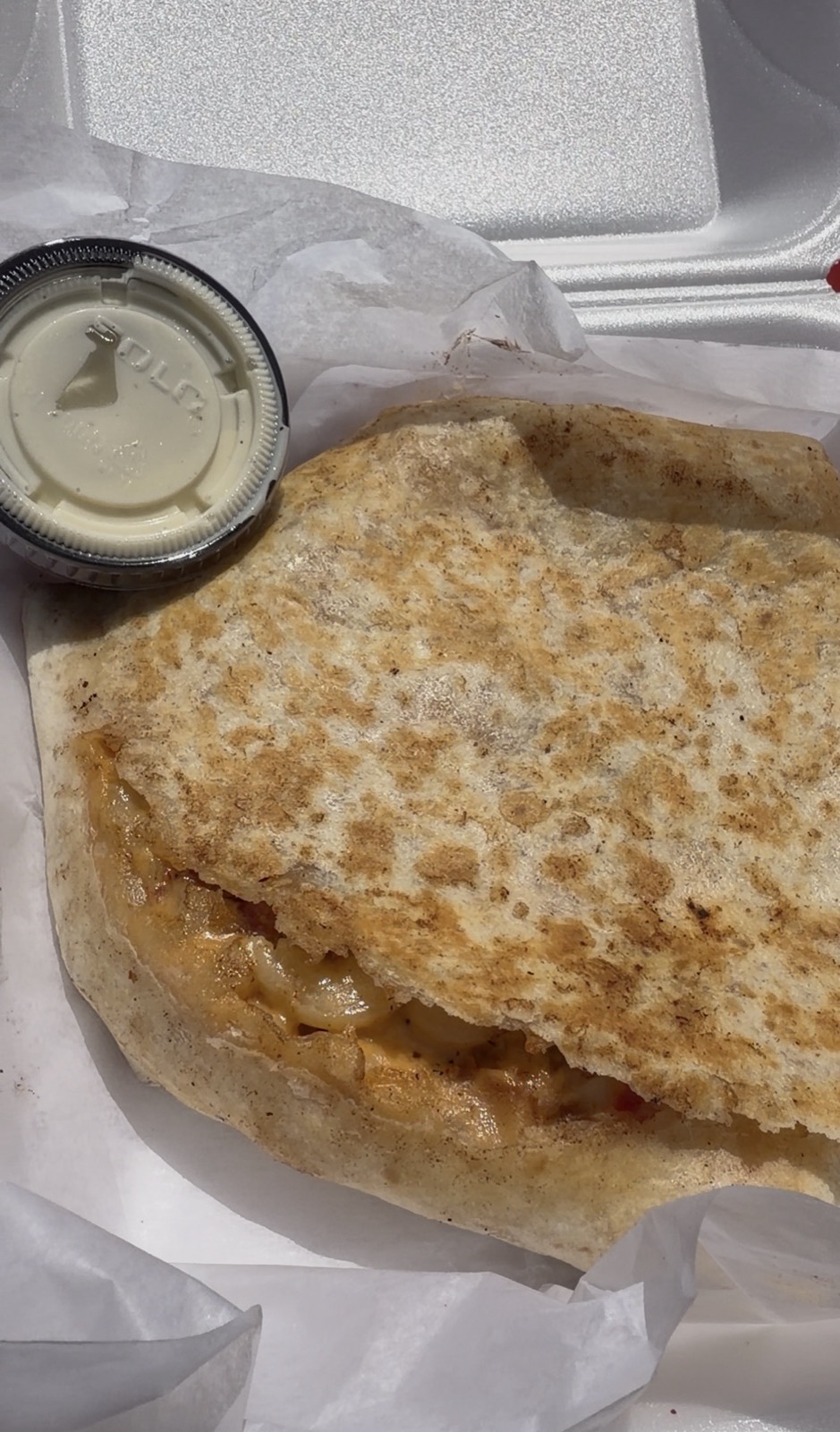 Sam's Hot Chicken Mac & Cheese Crunch Wrap with a side of ranch, Red's Hot Chicken