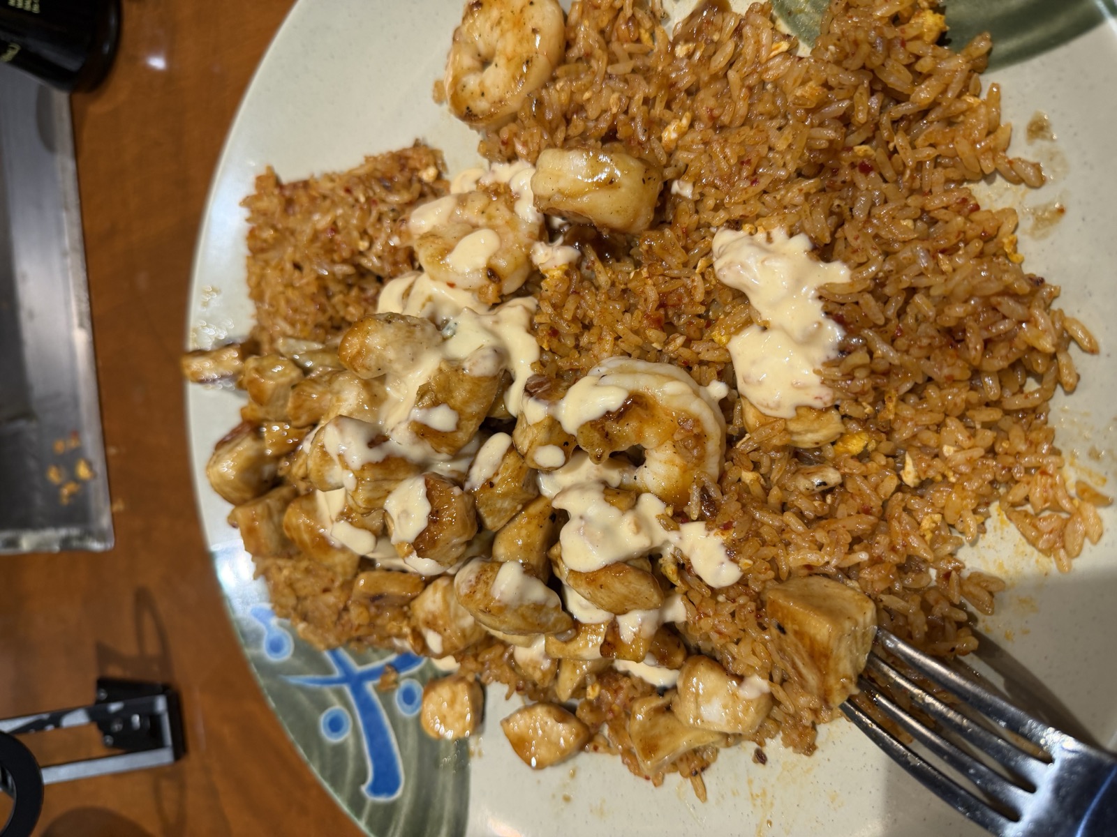 Sam's order: Chicken and Shrimp combo with double spicy rice, Sake Steak House