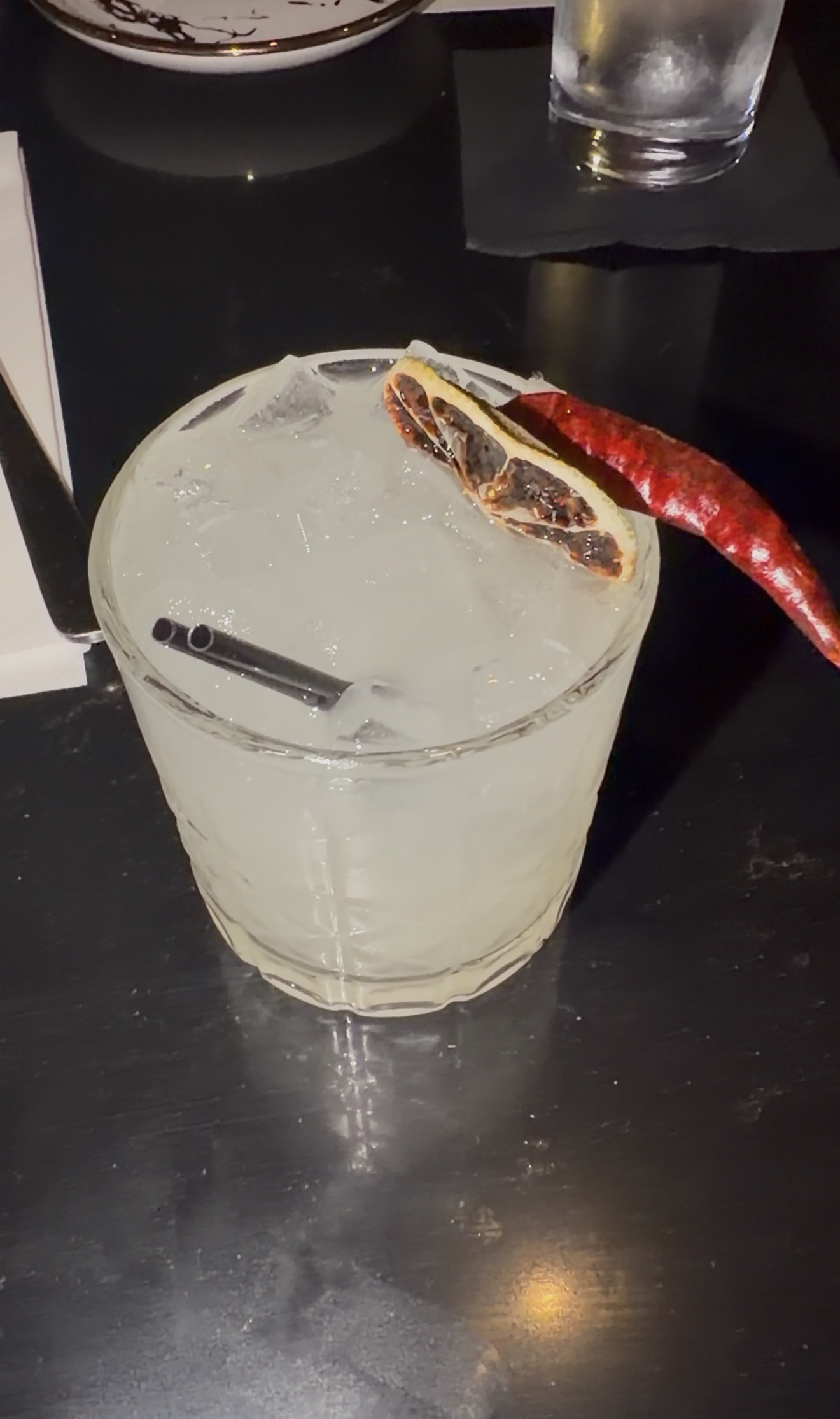 Sam's drink: the Thai Spicy Margarita with a dried chili and charred lime, Thai Samurai